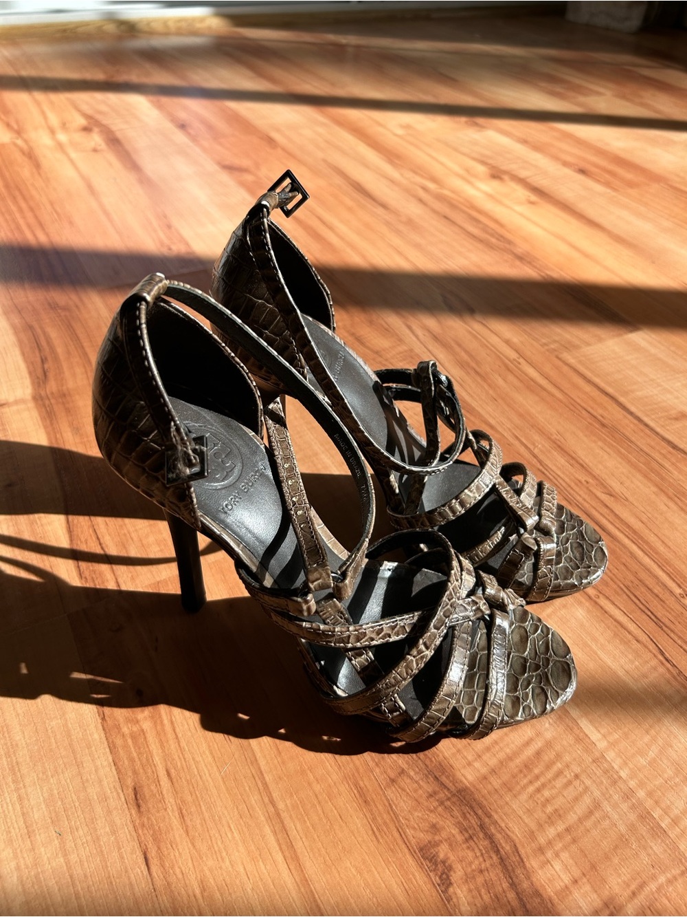 Tory Burch Elizabella Croc-Embossed Stiletto Heels Women’s Size 7.5 Gladiator